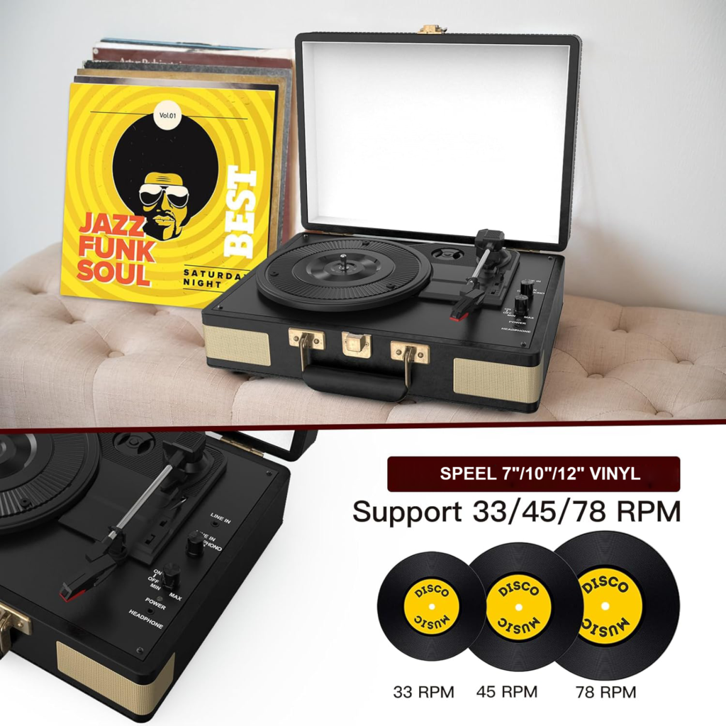 Draagbare Platenspeler met Bluetooth - Retro Koffer Vinyl Speler met Ingebouwde Speakers - 3 Snelheden 33/45/78 RPM - Zwart PU Leer