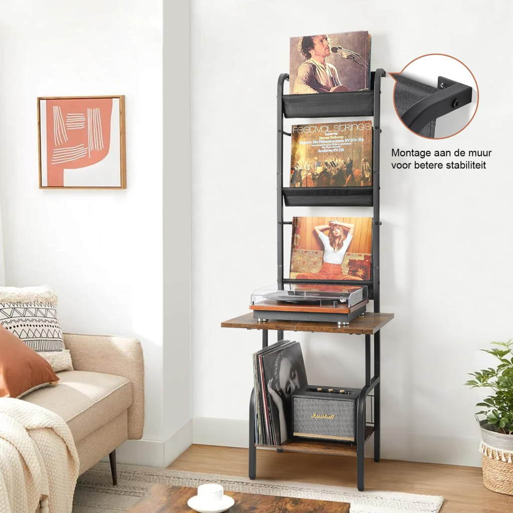 Vinyl platenstandaard met opbergruimte voor LP albums en turntable, wandmontage platenrek tot 200 albums
