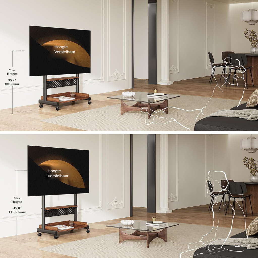 TV Standaard op Wielen - Mobiele Vloerstandaard voor TV 40-85 inch - Hoogte Verstelbare Trolley met Houten Basis en VESA 600x400mm