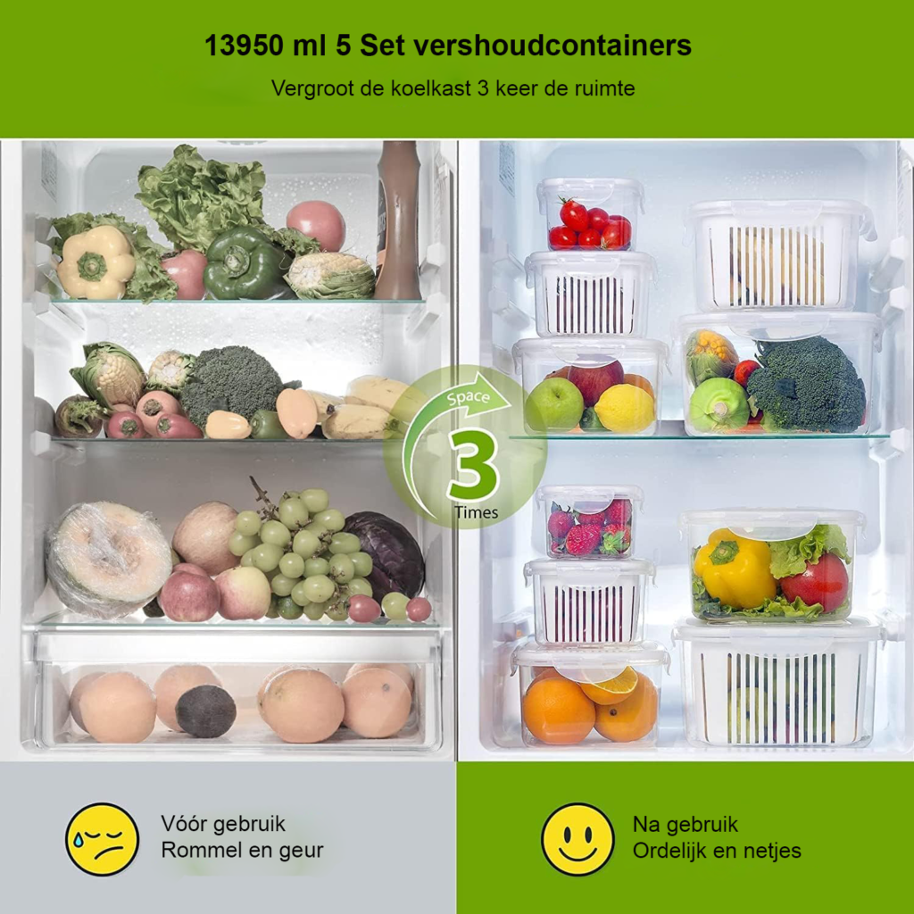 Set van 5 vershoudbakjes met vergiet voor koelkast, groenten, fruit en salades BPA-vrij en magnetronbestendig