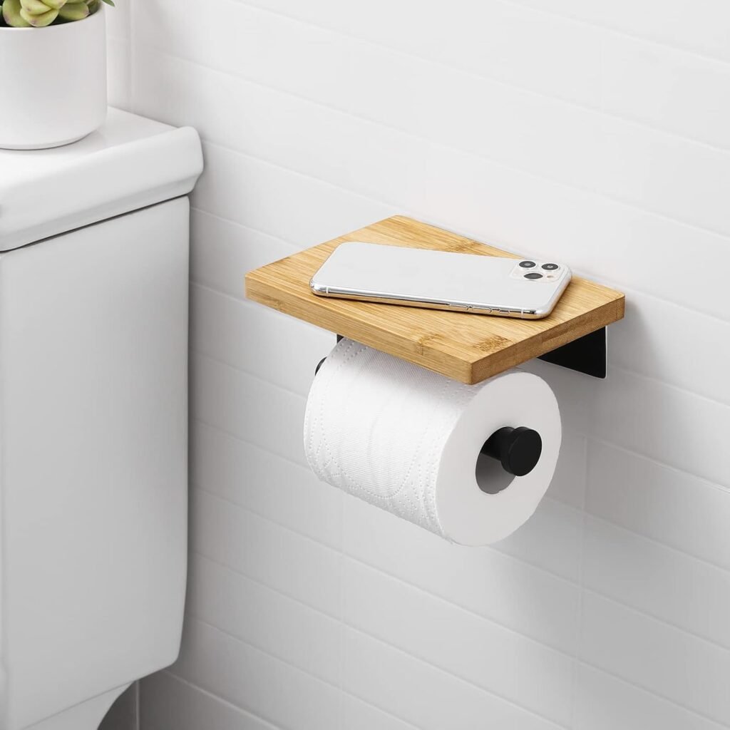 Zelfklevende zwarte RVS toiletrolhouder met bamboe plank voor wandmontage zonder boren