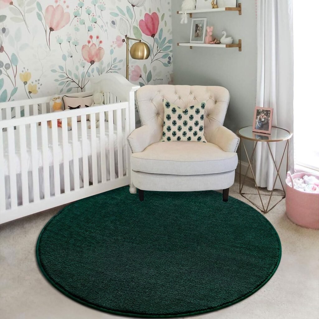 Rond groen vloerkleed 80 cm van zacht microvezel met hoogpolige shaggy structuur voor woonkamer en slaapkamer