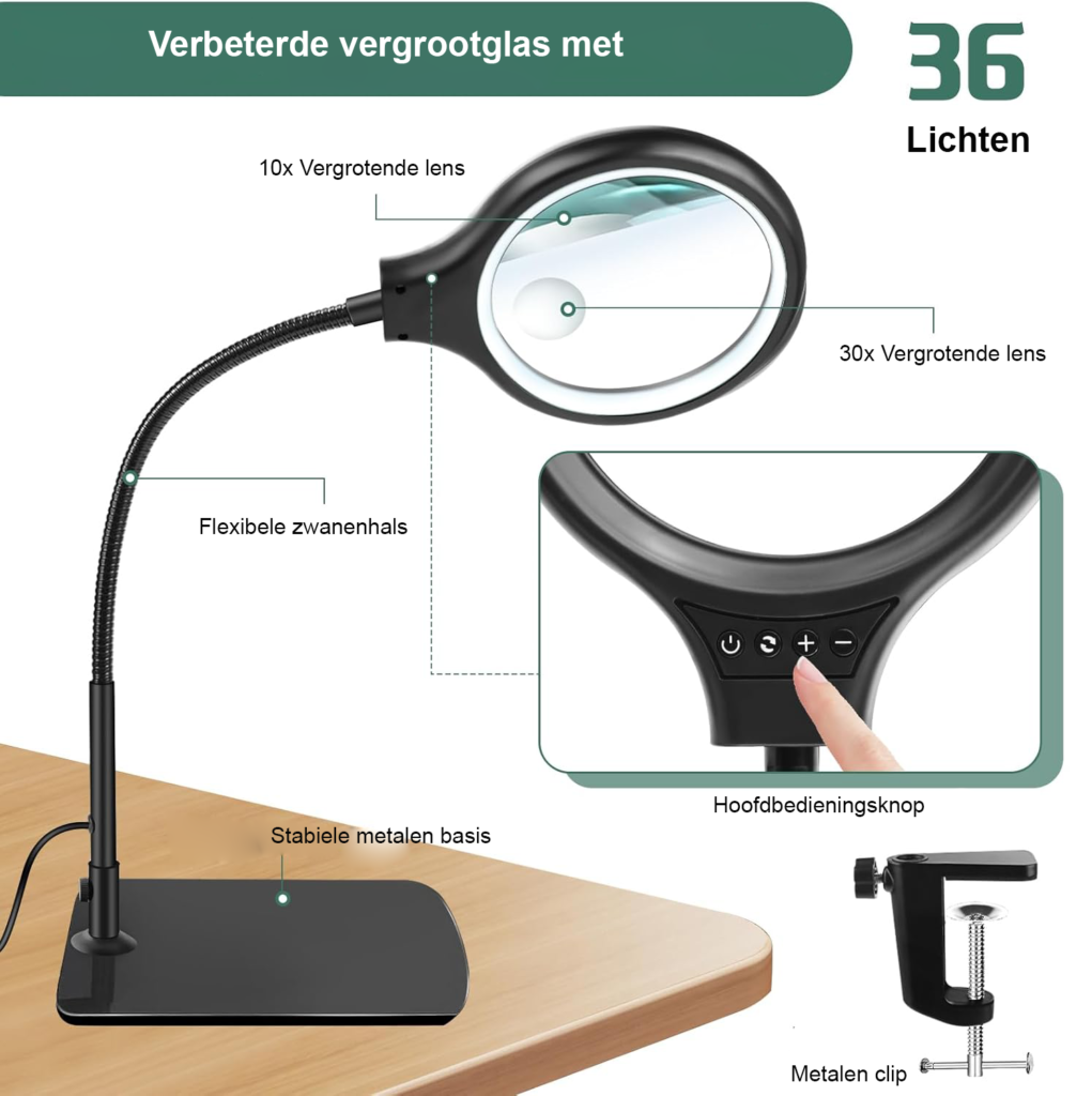 Vergrootglas met licht 10x 20x vergrootlamp handsfree 3 kleurenmodi flexibele gooseneck klem standaard