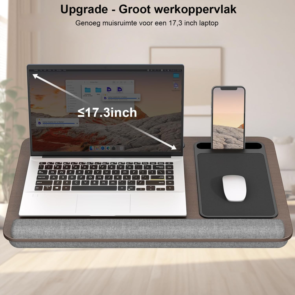 Lapdesk voor Laptop tot 17,3 inch - Draagbaar Laptopkussen met Muismat en Polssteun - Laptopstandaard met Tablet- en Telefoonhouder - Voor Notebook, MacBook en Tablet