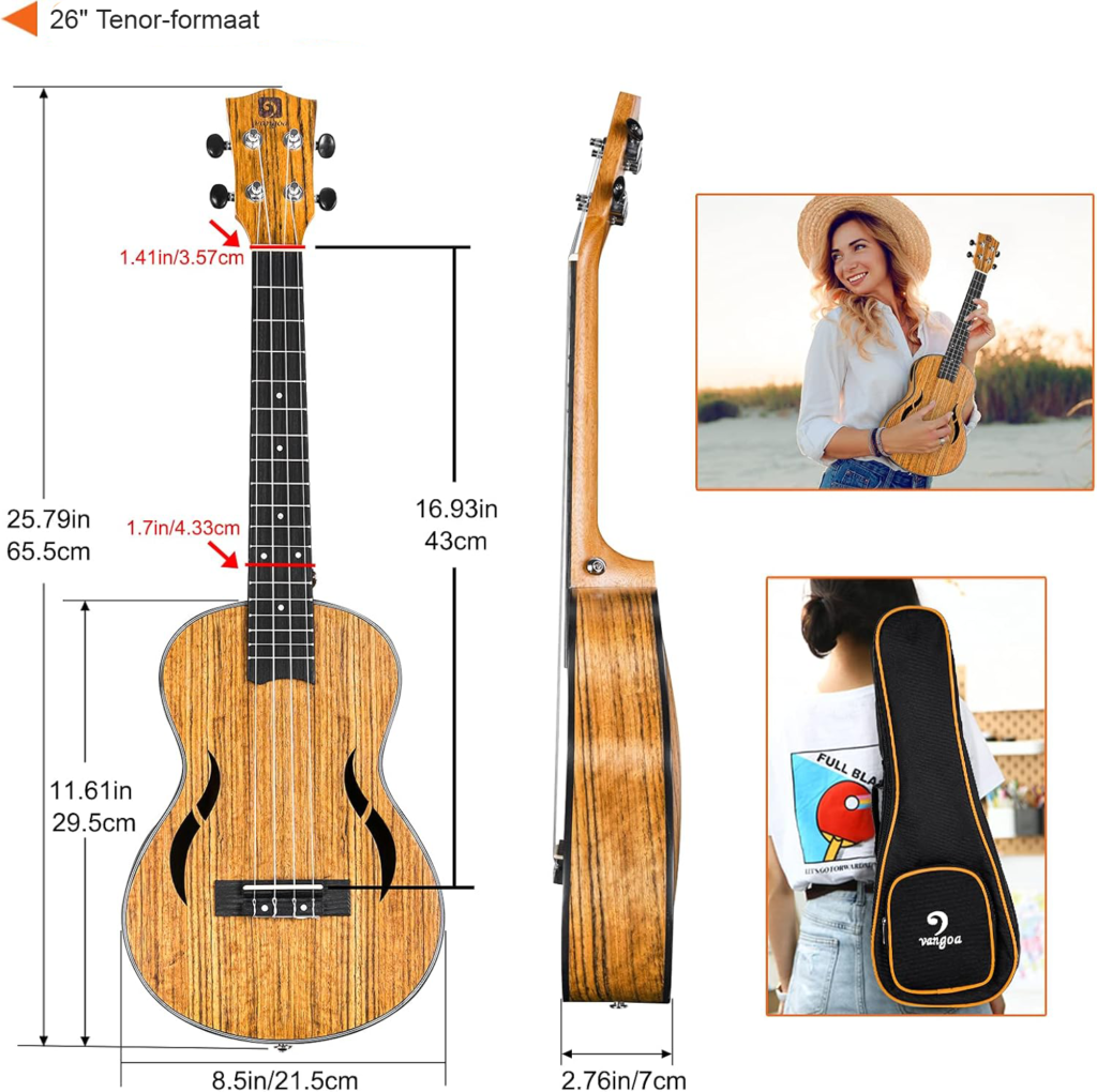 26 inch tenor ukulele van walnoothout met draagtas, akoestische Hawaïaanse ukelele voor beginners en gevorderden
