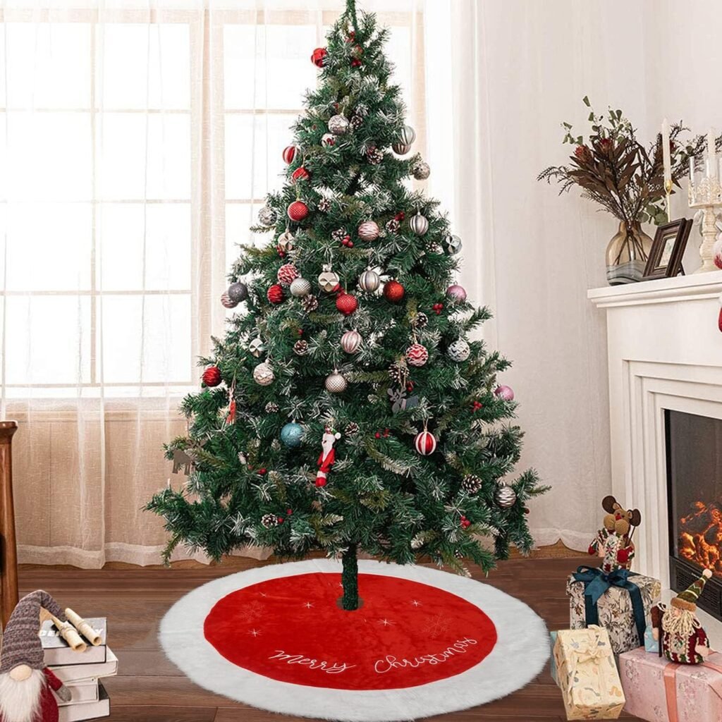 Kerstboomkleed van nepbont 120 cm wit met rode rand voor luxe kerstdecoratie en kerstboom rok