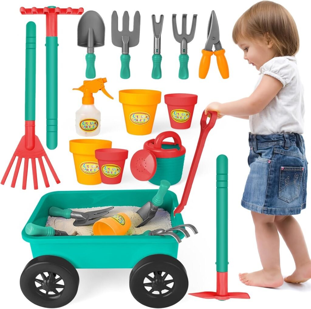 Tuinset met kruiwagen voor kinderen 14-delig met schep, hark, gieter en zand speelset voor buiten