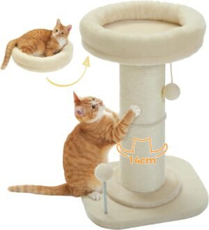 Hoge katten krabpaal beige met fluffy kattenbed en veerbal voor binnenkatten
