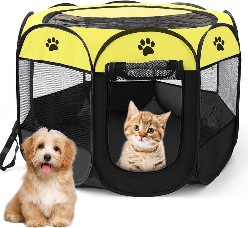 Opvouwbare waterdichte hondenren en kattenren 73x73x43 cm in geel voor honden, katten en kleine dieren, geschikt voor binnen- en buitengebruik