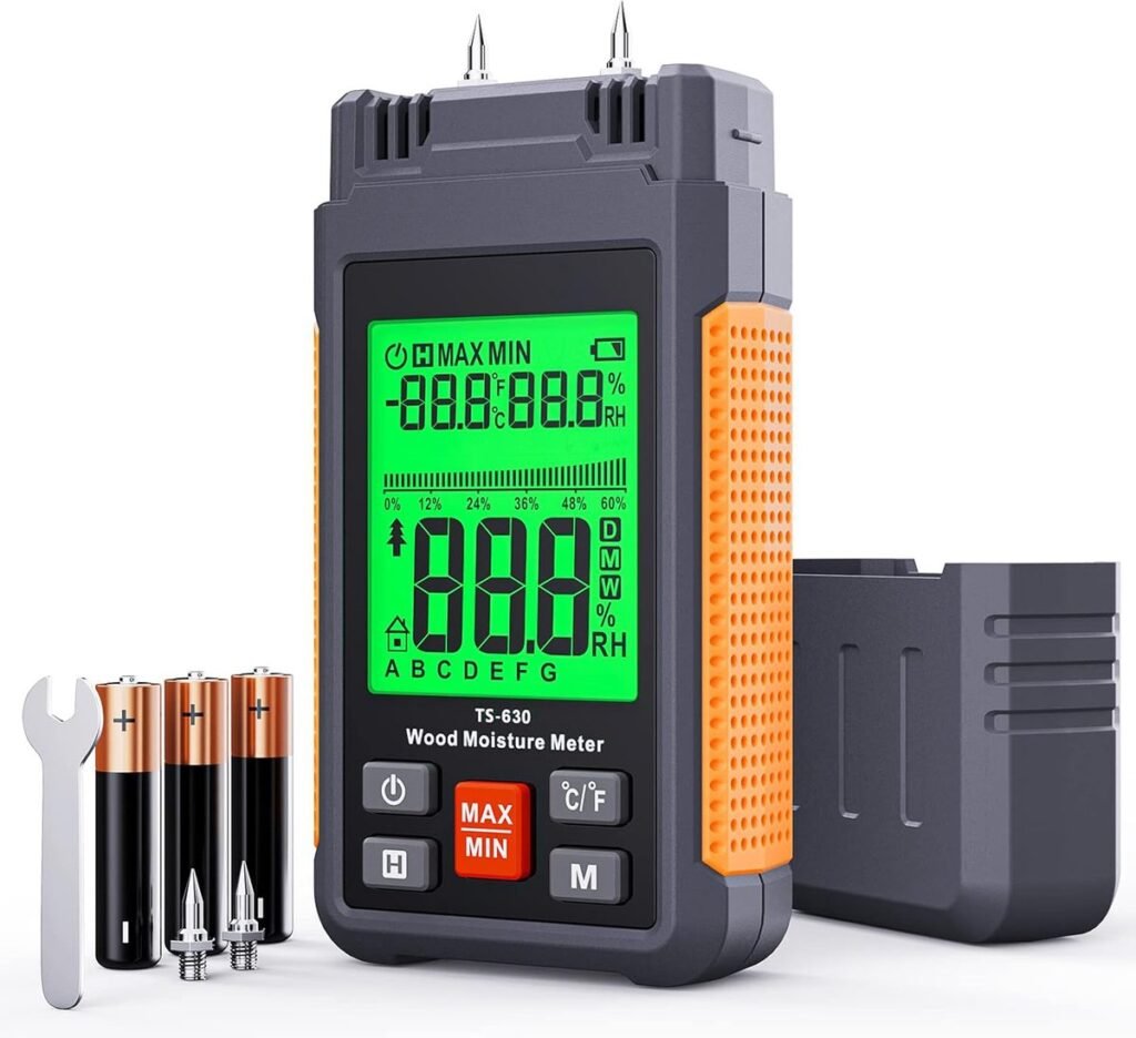 Digitale vochtmeter voor muren en hout met LCD display, pinmeting, tri-color backlight en 7 kalibratieschalen.