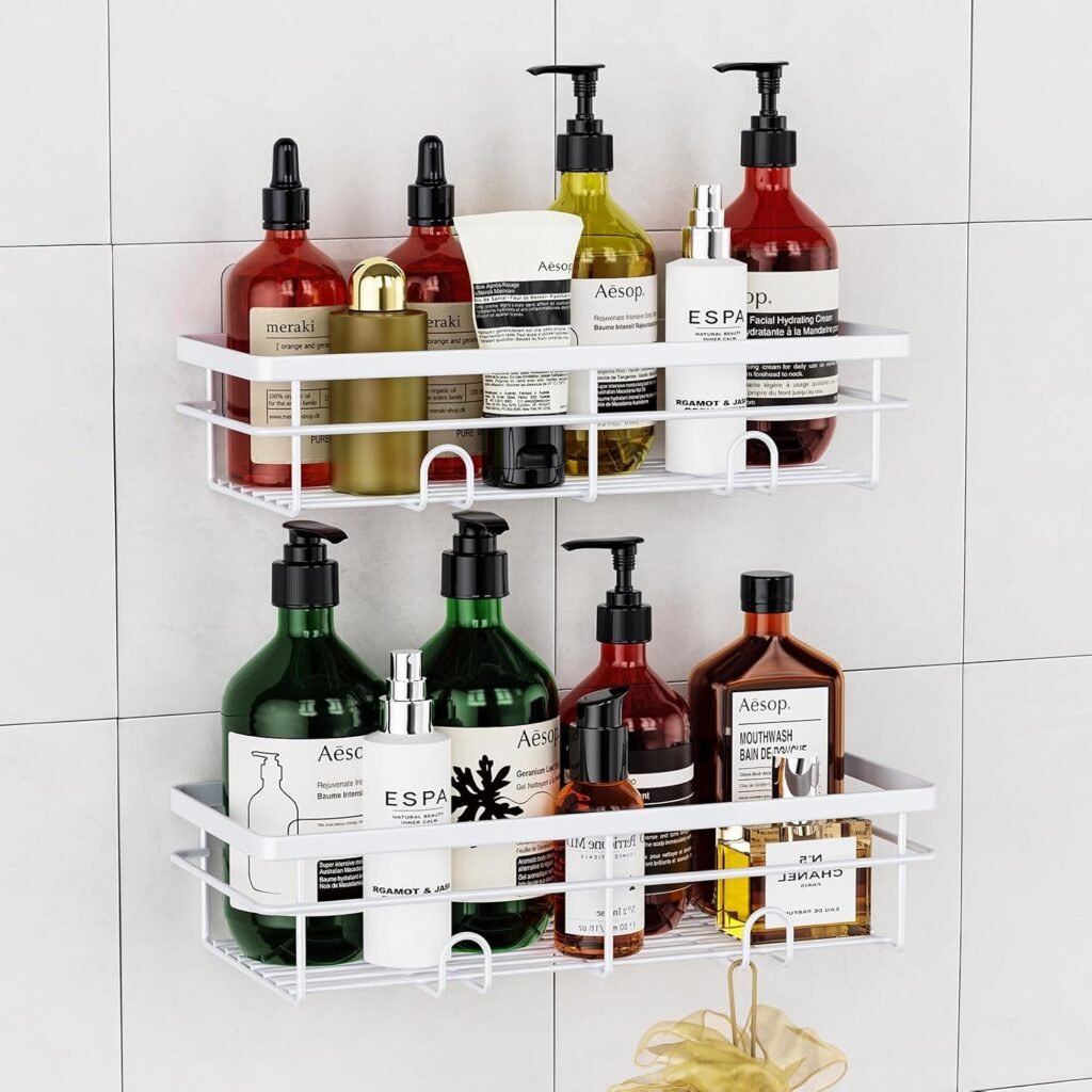 Doucheplank zonder boren wit met badkamer opbergrek voor shampoo en doucheaccessoires, set van 2 stuks