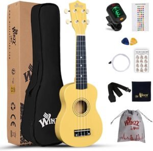 Ukulele beginners set 21 inch – Complete ukelele starterset met tas, tuner en accessoires – Muziekinstrument voor beginners – Gele uitvoering