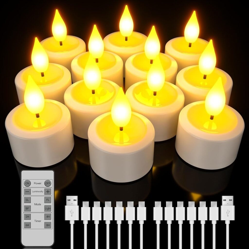 Set van 12 oplaadbare LED theelichtjes met timer en afstandsbediening, vlamloze elektrische kaarsen voor sfeerverlichting
