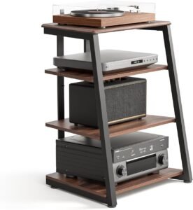 Hifi Kast met 4 Planken – Audio Meubel voor TV en Apparatuur – Houten en Stalen Multimedia Kast – Maximaal 50 kg Draagcapaciteit