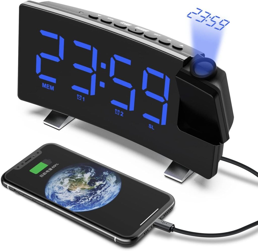 Digitale wekker met 180° projectie, FM radio en USB aansluiting voor slaapkamer of bureau