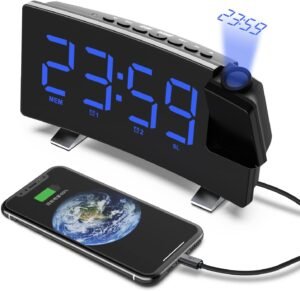 Digitale Wekker met Projectie – LED Wekker met FM Radio en USB Aansluiting – Reisklok met 180° Projectie en 3 Helderheidsniveaus – Voor Slaapkamer of Bureau