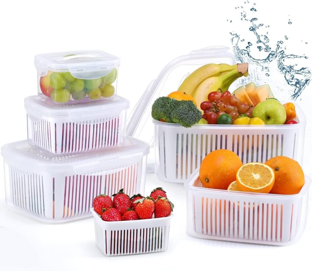 Set van 5 vershoudbakjes met vergiet voor koelkast, groenten, fruit en salades BPA-vrij en magnetronbestendig
