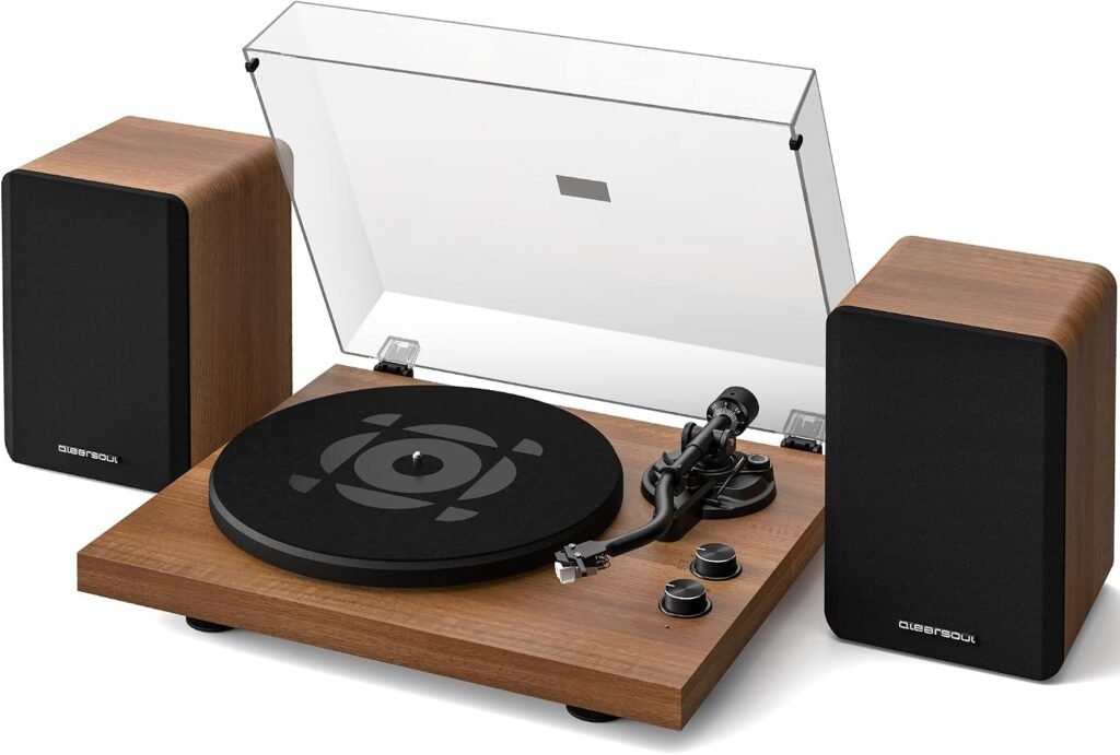 Platenspeler met stereo speakers, ingebouwde voorversterker en S-vormige toonarm voor vin