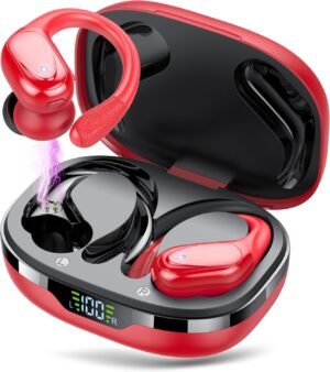 Draadloze sport oordopjes rood met Bluetooth 5.3, oorklemmen en USB-C laadpoort