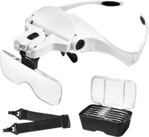 Vergrootglas met LED Verlichting – Handsfree Loepbril met Verwisselbare Lenzen – 5 Vergrotingssterktes voor Precisiewerk en Hobby – 1,0x tot 3,5x