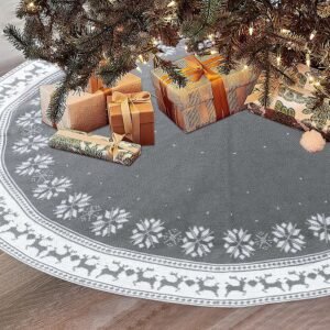 Grijze gebreide kerstboomrok 36 inch met sneeuwvlokken en hert, rustieke kerstboommat voor decoratie