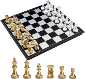 Magnetisch Schaakspel Goud Zilver 36×36 cm – Opvouwbare Schaakset met Opbergruimte – Educatief Bordspel voor Kinderen en Volwassenen – Luxe Schaakbord