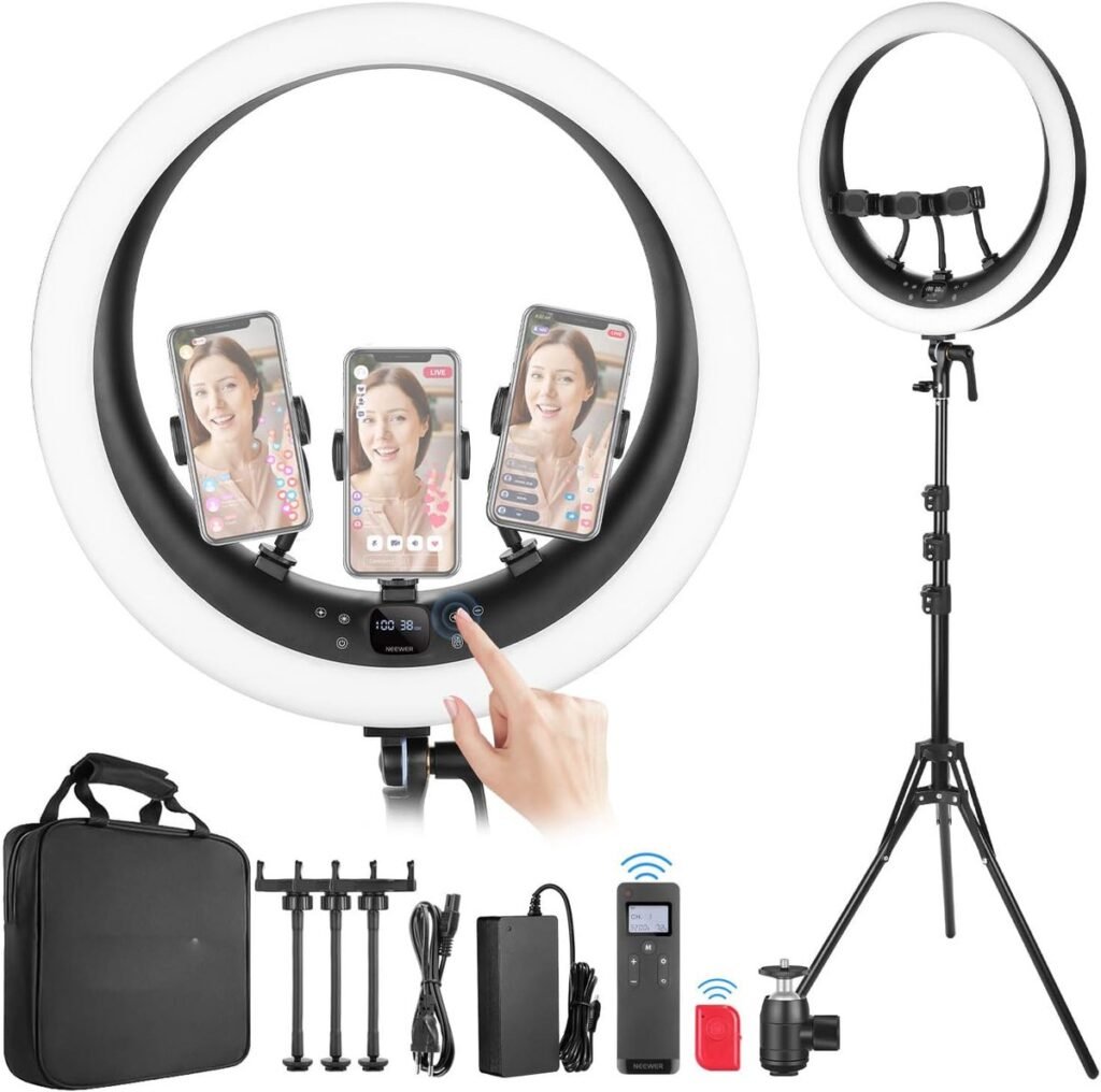 19 inch ringlamp met statief, 3 telefoonhouders en dimbare LED verlichting voor TikTok, live streaming en video-opname