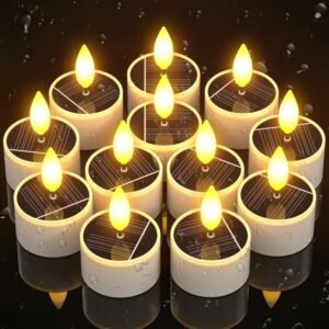 Solar waxinelichtjes LED set 12 stuks – Flikkerende tuinkaarsen met warm licht – Zonne-energie buitenverlichting met sensor – Waterdichte decoratieverlichting