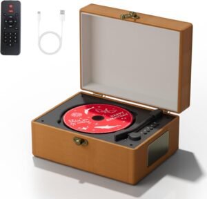 Draagbare CD Speler Bruin Leer – Retro Muziekspeler met Ingebouwde Luidsprekers – Stijlvol Design voor Woonkamer en Interieur