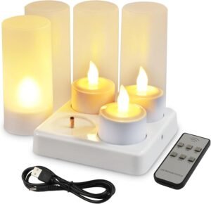 Oplaadbare LED kaarsen set met flikkerend vlam effect en oplaadstation, 4 elektrische theelichtjes met gele vlam