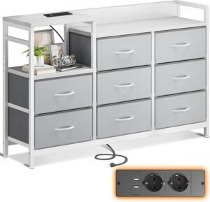 Ladenkast met Lades en USB Poorten – Dressoir met Opbergruimte voor Slaapkamer en Woonkamer – Multifunctionele Kast – 132 x 30 x 88 cm Wit en Lichtgrijs
