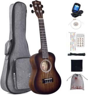 Concert ukulele 23 inch met bruin design, draagtas, tuner en accessoires voor beginners en gevorderden