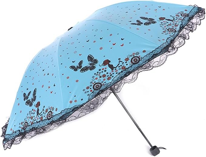 Dames parasol paraplu met UV-bescherming, opvouwbare reisparaplu met kantafwerking en UPF 50+ in compact formaat