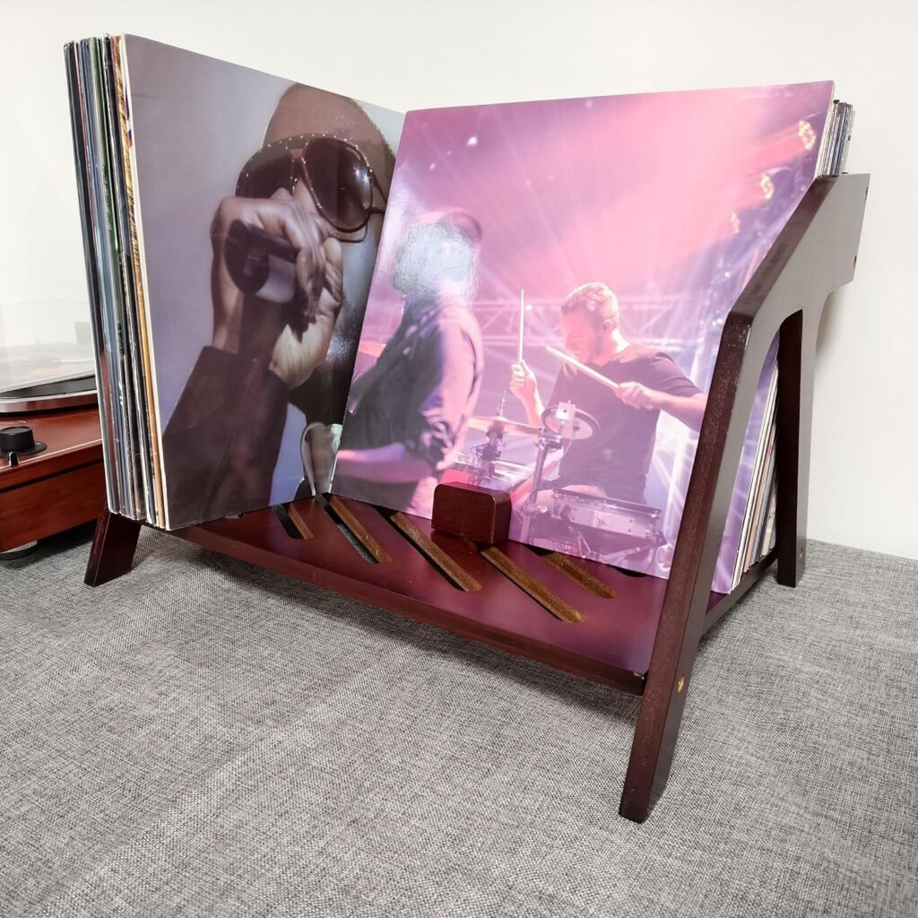 Bamboe vinyl platenhouder in stoelvorm voor LP opslag en CD houder in bruin