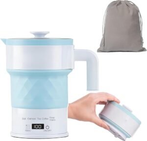 Opvouwbare Elektrische Waterkoker 0,7L – Mini Camping Waterkoker met Snelle Verwarming – Draagbare Reiswaterkoker met 1200W Vermogen en 3 Minuten Kooktijd – Blauw