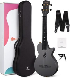 23 inch cutaway ukulele set van carbon fiber met draagtas, band, capo en extra snaren