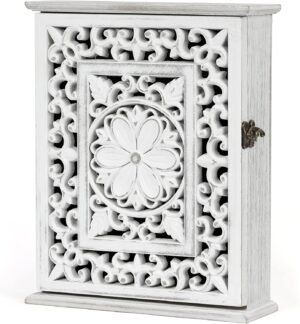 Witte houten sleutelkast met 6 haken voor sleutels in hal, entree en kantoor 27 x 21 x 7 cm