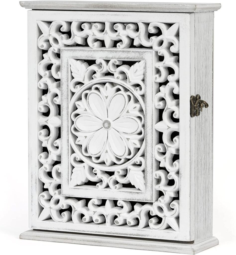 Witte houten sleutelkast met 6 haken voor sleutels in hal, entree en kantoor 27 x 21 x 7 cm