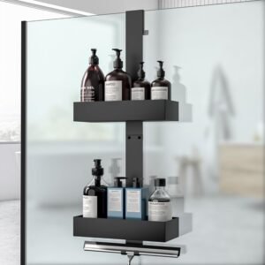 Zwart hangend douche rek met 2 lagen, shampoo houder en badkamer organizer zonder boren
