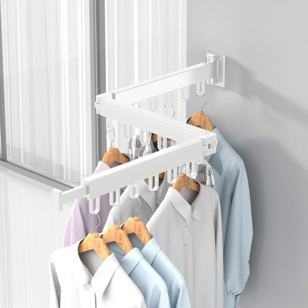 Opvouwbaar wanddroogrek wit met haken voor ruimtebesparend kleding drogen op balkon, badkamer en slaapkamer