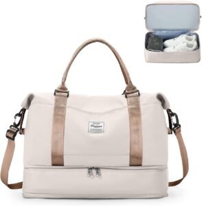 Reistas Handbagage met Schoenvak – Weekend- en sporttas – Waterafstotend duffle – Lichtbeige, cabineformaat