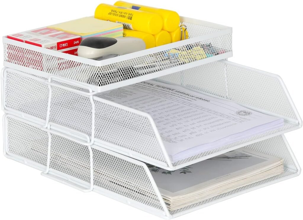 2 laags A4 brievenbakje wit metalen mesh met pennenhouder stapelbare bureau organizer voor documenten en kantoor en thuis gebruik