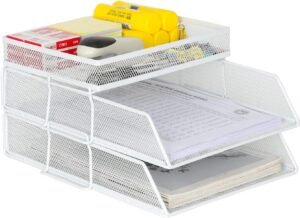 Brievenbakje A4 2-laags – Bureau organizer documenten – Metalen mesh pennenhouder wit – Stapelbare bureau organizer kantoor en thuis