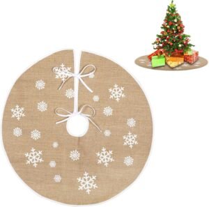 Jute kerstboomrok met sneeuwvlokken – kerstboom kleed vintage stijl – feestelijke boomdecoratie – 32 of 48 inch