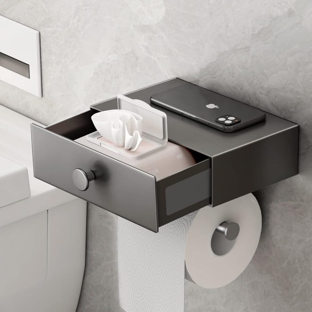 Zelfklevende toiletpapierhouder met plank en ladeopslag, muurbevestiging grijs badkamer organizer