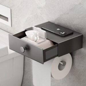 Toiletpapierhouder met plank en ladeopslag – Zelfklevende wc rol houder wandmontage – Badkamer organizer met opberglade – Grijs