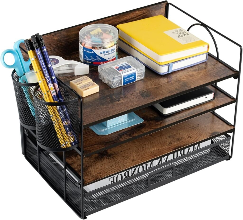 Bureau organizer hout 4 lagen documentenbak lade penhouders vintage kantoor opberger papier mappen accessoires