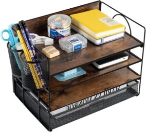 Bureau organizer set met 4 lagen – Houten documentenbak met lade en penhouders – Vintage bureau opberger voor kantoor en papierorganisatie
