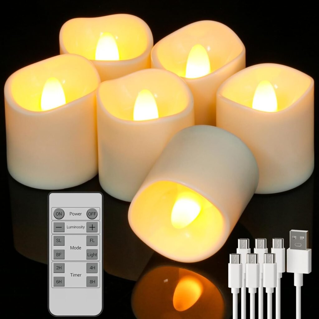 Set van 6 oplaadbare LED waxinelichtjes met afstandsbediening – vlamloze flikkerende theelichtjes USB oplaadbaar met timer en automatische uitschakeling