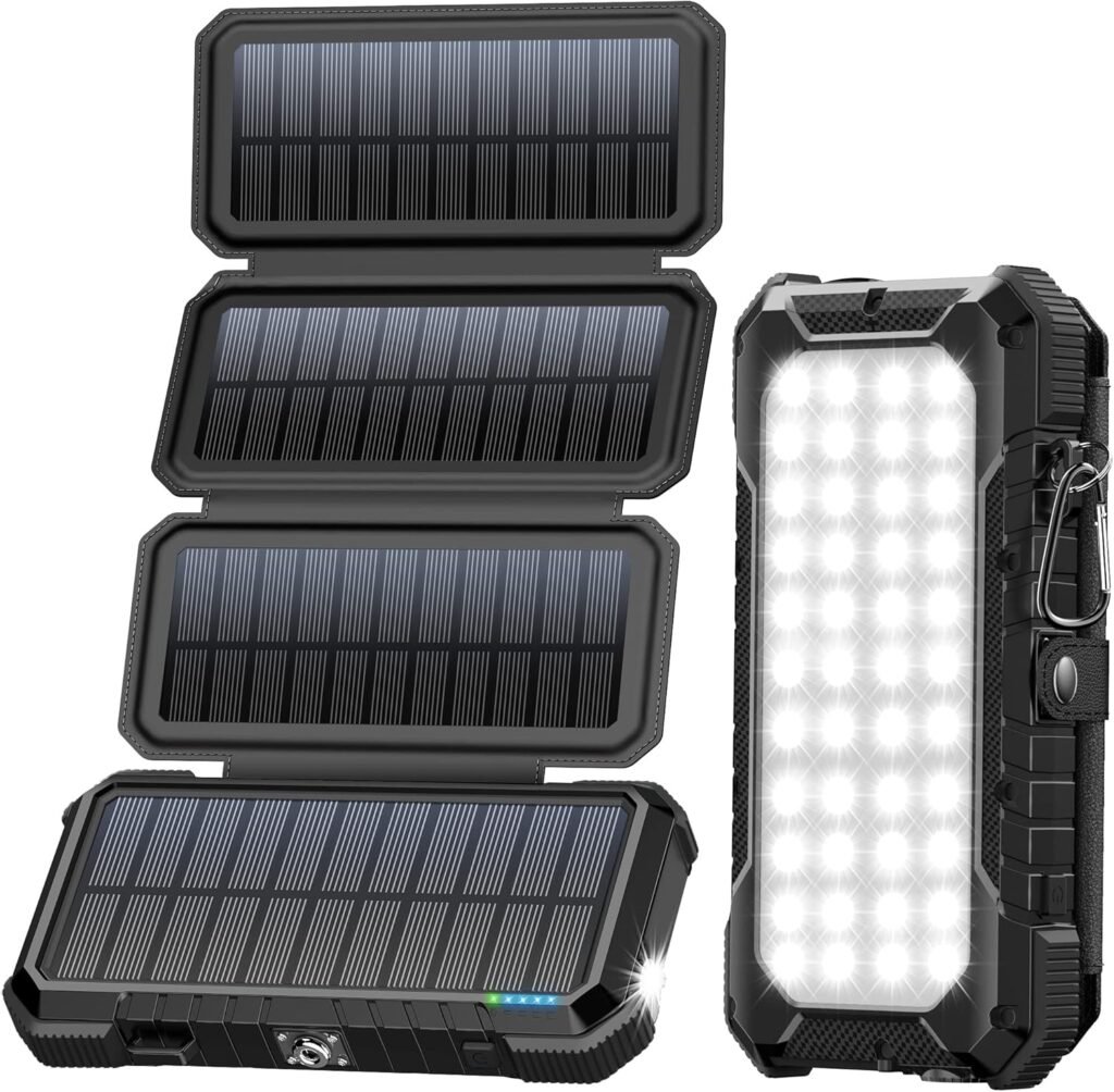 Solar power bank 20000mAh met zonnepanelen – draagbare zonne-oplader waterdicht met 4 USB-poorten en QC 3.0 snelladen USB-C voor outdoor gebruik